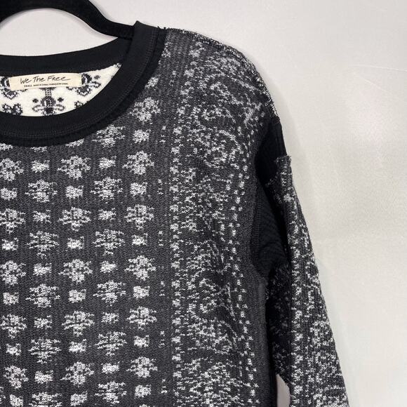 Free People S Black Gray Motif Mixed Print Thermal Pullover Sweater Crew Neck - Picture 3 of 11
